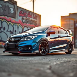 A sleek and stylish modified Honda City GM6, showcasing its sporty design with an aggressive body kit, lowered suspension, and custom alloy wheels