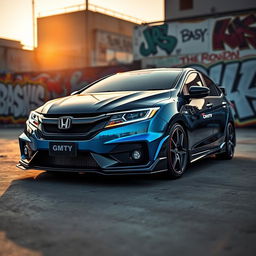 A sleek and stylish modified Honda City GM6, showcasing its sporty design with an aggressive body kit, lowered suspension, and custom alloy wheels