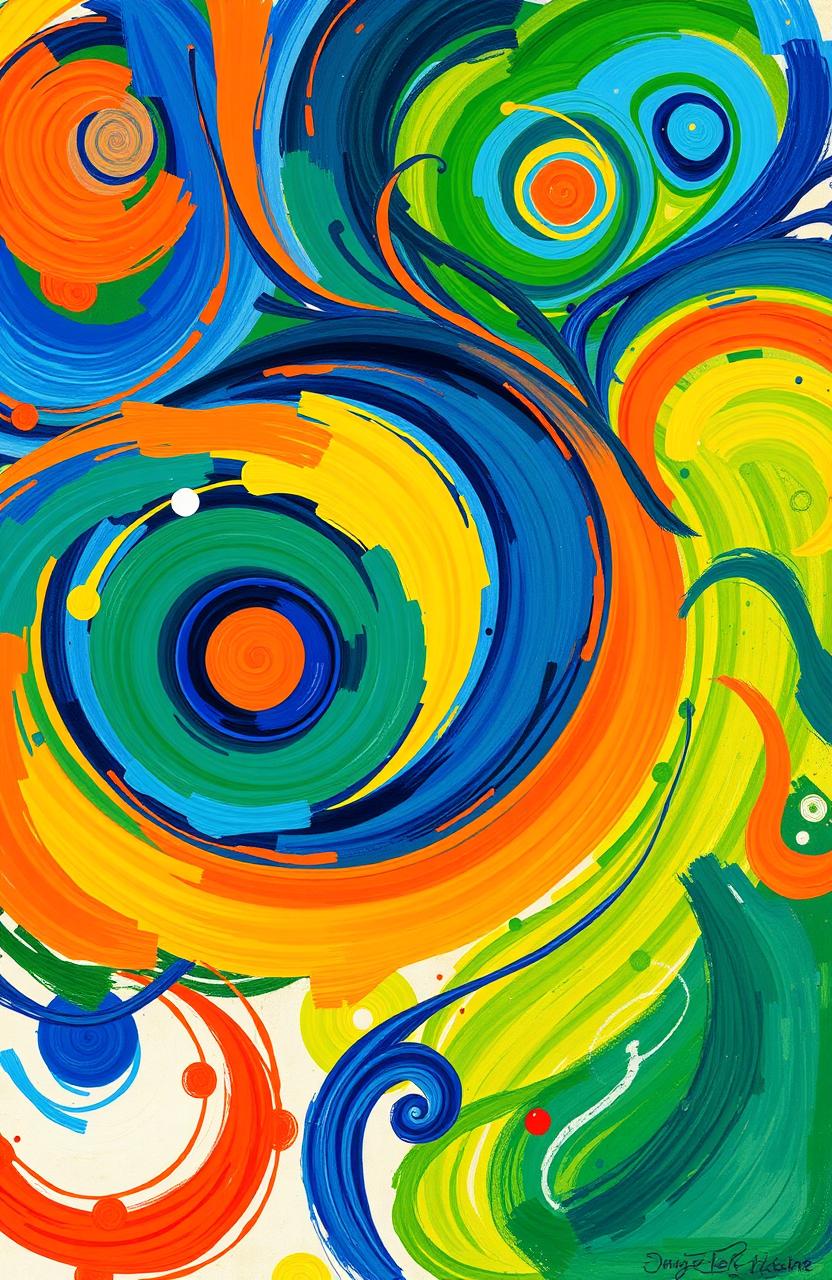 A vibrant and colorful abstract art piece featuring swirling patterns and dynamic shapes