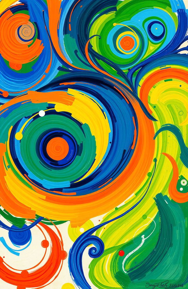 A vibrant and colorful abstract art piece featuring swirling patterns and dynamic shapes