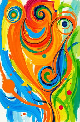 A vibrant and colorful abstract art piece featuring swirling patterns and dynamic shapes