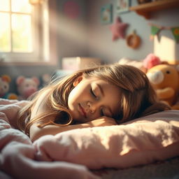 A beautiful sleeping girl in a cozy bedroom, with soft sunlight filtering through the window and casting a warm glow around her