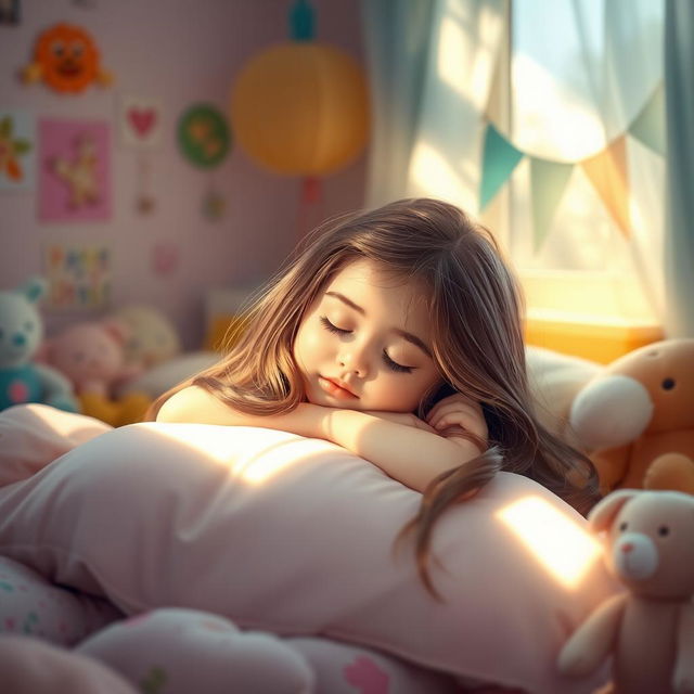 A beautiful sleeping girl in a cozy bedroom, with soft sunlight filtering through the window and casting a warm glow around her