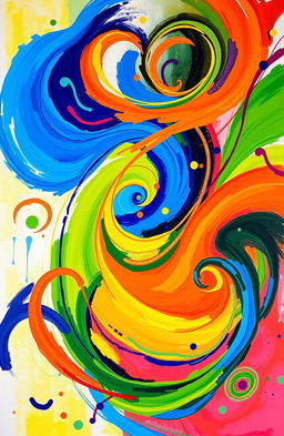A vibrant and colorful abstract art piece featuring swirling patterns and dynamic shapes