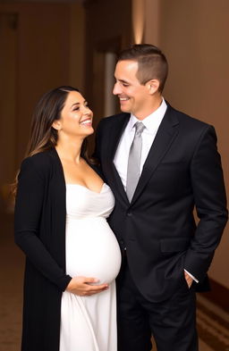 A formal portrait of a man wearing a classic black suit and tie, standing beside a pregnant woman in an elegant white dress