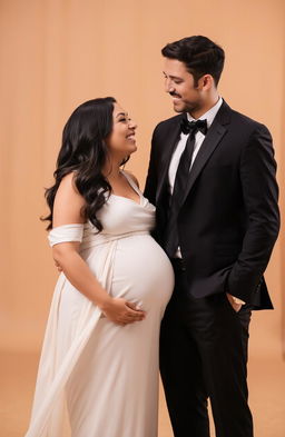 A formal portrait of a man wearing a classic black suit and tie, standing beside a pregnant woman in an elegant white dress