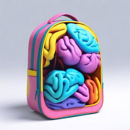 Generate a 3D image of an open backpack revealing a brilliant and colorful brain inside.