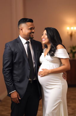 A formal portrait of a man wearing a classic black suit and tie, standing beside a pregnant woman in an elegant white dress