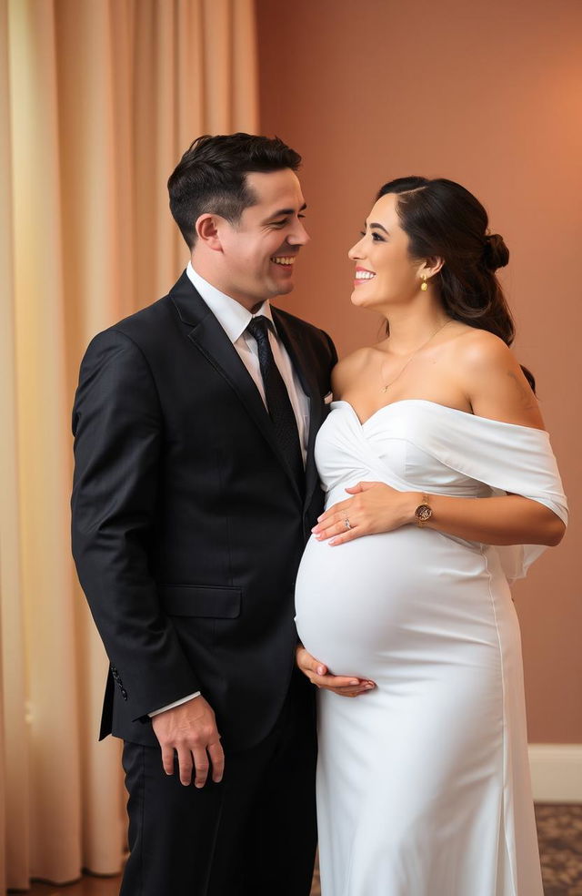 A formal portrait of a man wearing a classic black suit and tie, standing beside a pregnant woman in an elegant white dress