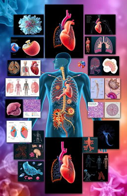 A comprehensive and artistic representation of human pathophysiology, showcasing various medical conditions and their effects on the body