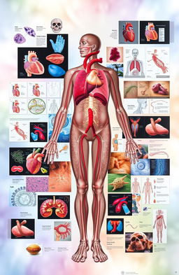 A comprehensive and artistic representation of human pathophysiology, showcasing various medical conditions and their effects on the body