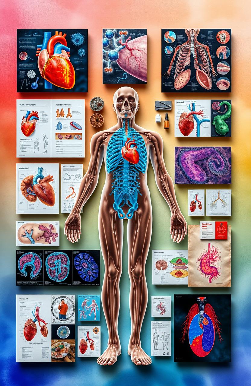 A comprehensive and artistic representation of human pathophysiology, showcasing various medical conditions and their effects on the body