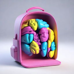 Generate a 3D image of an open backpack revealing a brilliant and colorful brain inside.