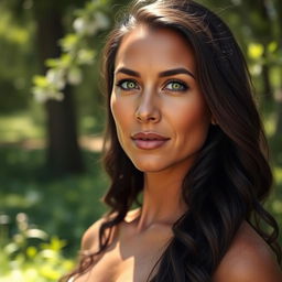 A full-body portrait of a 35-year-old woman standing in a beautiful natural setting