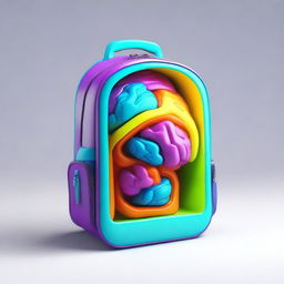 Generate a 3D image of an open backpack revealing a brilliant and colorful brain inside.