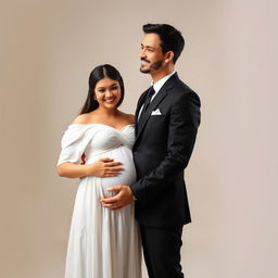 A formal portrait of a man dressed in a sharp black suit and tie, standing proudly next to a pregnant woman wearing a flowing white dress