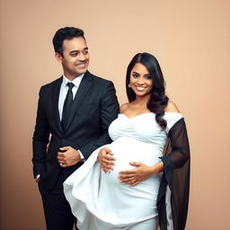 A formal portrait of a man dressed in a sharp black suit and tie, standing proudly next to a pregnant woman wearing a flowing white dress