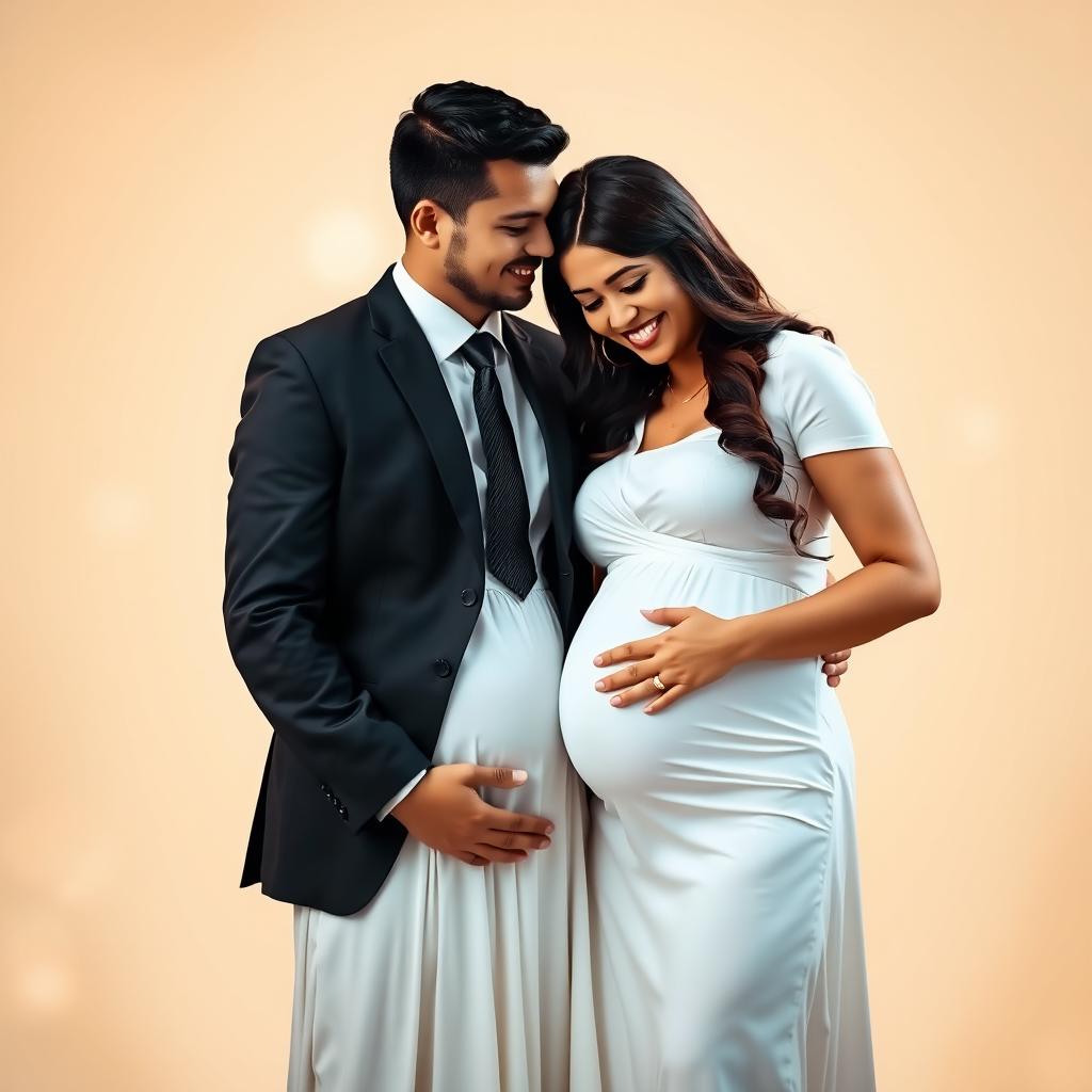 A formal portrait of a man dressed in a sharp black suit and tie, standing proudly next to a pregnant woman wearing a flowing white dress