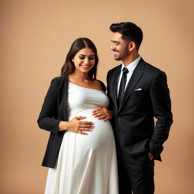 A formal portrait of a man dressed in a sharp black suit and tie, standing proudly next to a pregnant woman wearing a flowing white dress