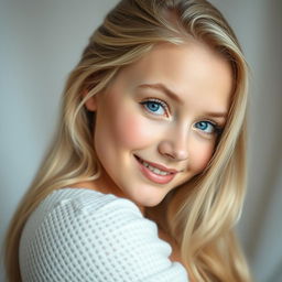 A 27-year-old girl with Russian features, bright blonde hair, and mesmerizing blue eyes, capturing her natural beauty in a graceful pose