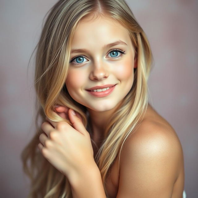 A 27-year-old girl with Russian features, bright blonde hair, and mesmerizing blue eyes, capturing her natural beauty in a graceful pose