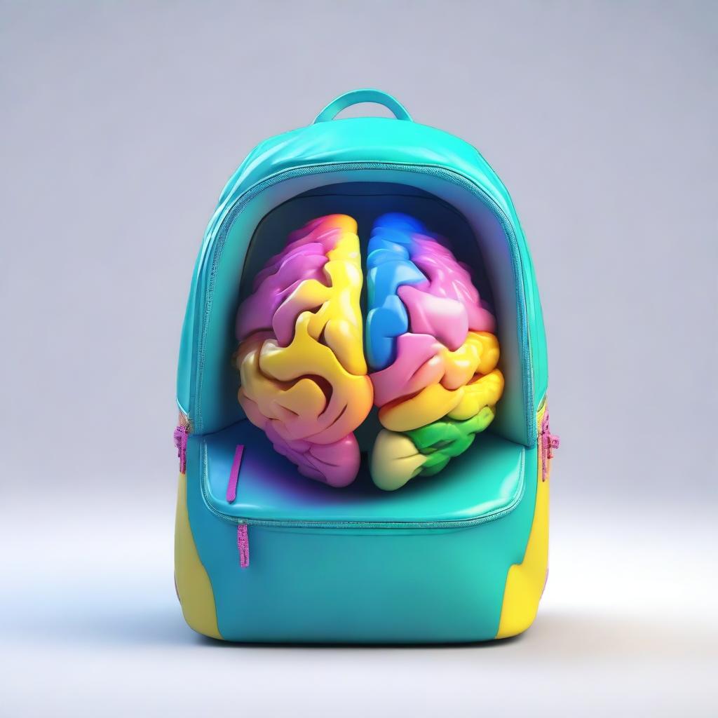 Generate a 3D image of an open backpack revealing a brilliant and colorful brain inside.