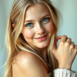 A 27-year-old girl with Russian features, bright blonde hair, and mesmerizing blue eyes, capturing her natural beauty in a graceful pose