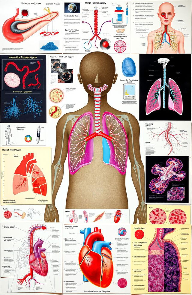 An engaging collage depicting human pathophysiology, featuring various aspects of human anatomy and physiological processes