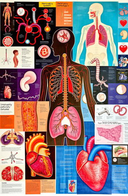 An engaging collage depicting human pathophysiology, featuring various aspects of human anatomy and physiological processes