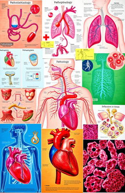 An engaging collage depicting human pathophysiology, featuring various aspects of human anatomy and physiological processes