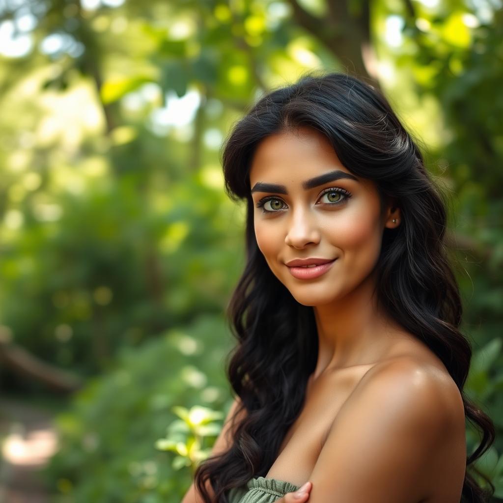 A full-body portrait of a 35-year-old woman standing in a lush natural setting