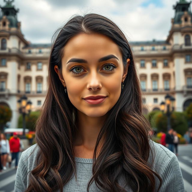 A full-body portrait of a 35-year-old woman standing in Madrid near the iconic Royal Palace