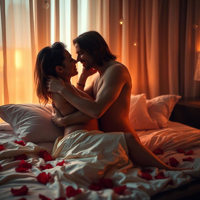A passionate and intimate scene of a couple in bed, completely naked, surrounded by soft, warm lighting that enhances the romantic atmosphere