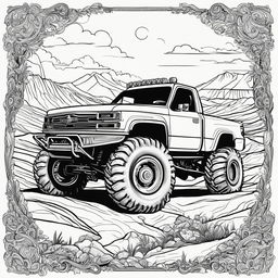 Black and white colouring book page featuring a highly detailed monster truck on a rugged landscape.