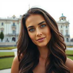 A full-body portrait of a 35-year-old woman standing near the Royal Palace in Madrid