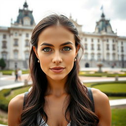 A full-body portrait of a 35-year-old woman standing near the Royal Palace in Madrid