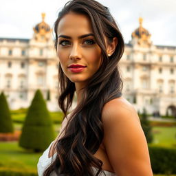 A full-body portrait of a 35-year-old woman standing near the Royal Palace in Madrid