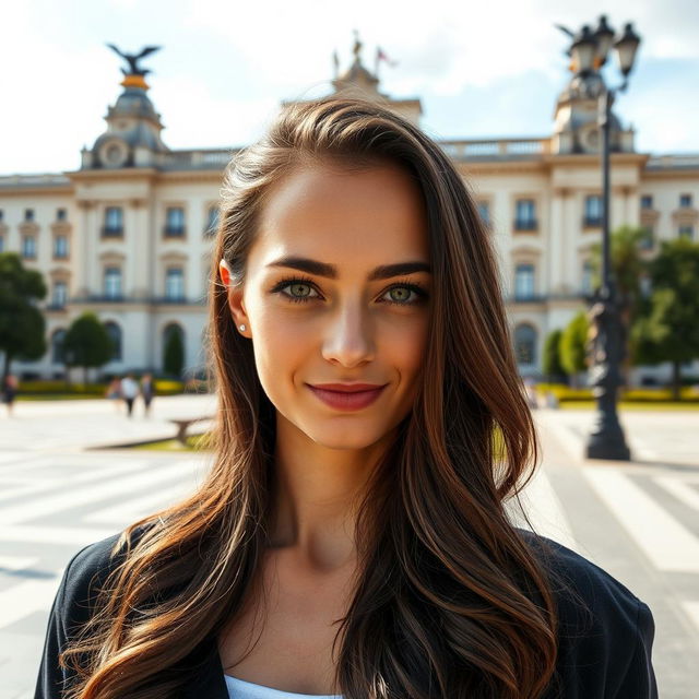 A full-body portrait of a 35-year-old woman standing near the Royal Palace in Madrid