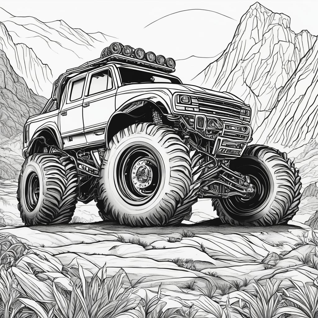 Black and white colouring book page featuring a highly detailed monster truck on a rugged landscape.