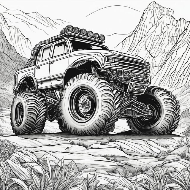 Black and white colouring book page featuring a highly detailed monster truck on a rugged landscape.