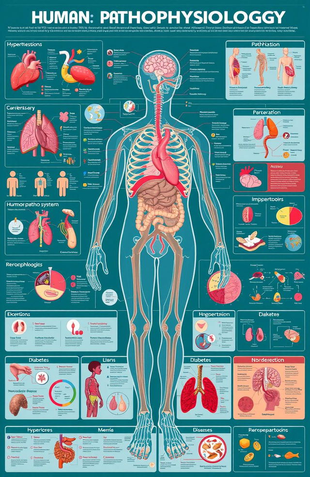 A comprehensive educational illustration depicting human pathophysiology, encompassing various systems such as the cardiovascular, respiratory, digestive, and nervous systems