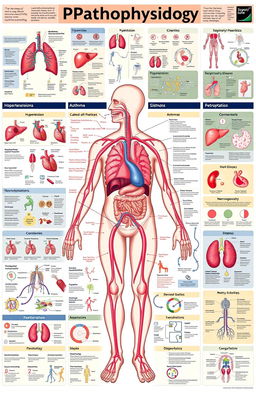 A comprehensive educational illustration depicting human pathophysiology, encompassing various systems such as the cardiovascular, respiratory, digestive, and nervous systems