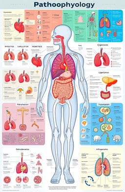 A comprehensive educational illustration depicting human pathophysiology, encompassing various systems such as the cardiovascular, respiratory, digestive, and nervous systems