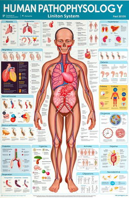 A comprehensive educational illustration depicting human pathophysiology, encompassing various systems such as the cardiovascular, respiratory, digestive, and nervous systems