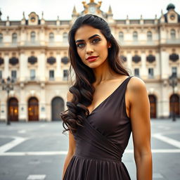 A full-body portrait of a 35-year-old woman wearing an elegant dress, standing gracefully near the Royal Palace in Madrid