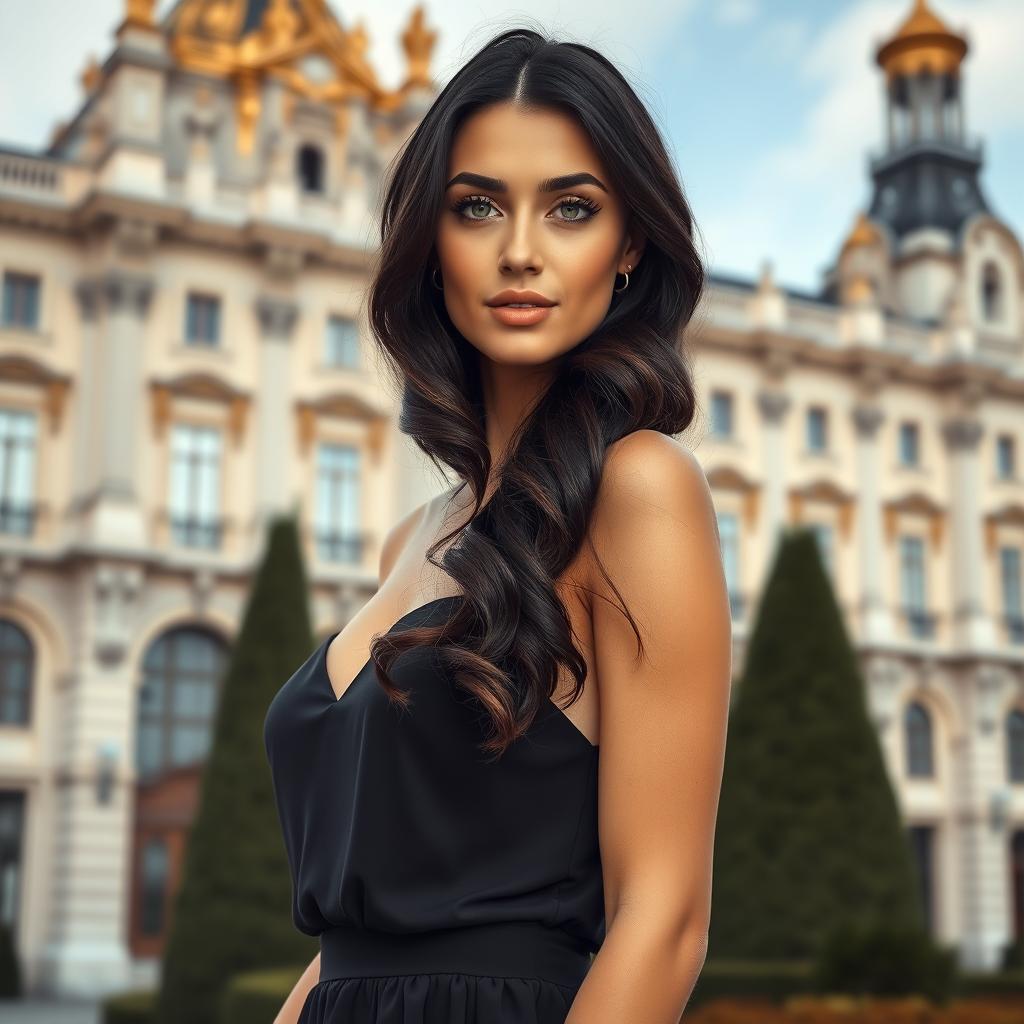 A full-body portrait of a 35-year-old woman wearing an elegant dress, standing gracefully near the Royal Palace in Madrid