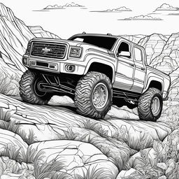 Black and white colouring book page featuring a highly detailed monster truck on a rugged landscape.