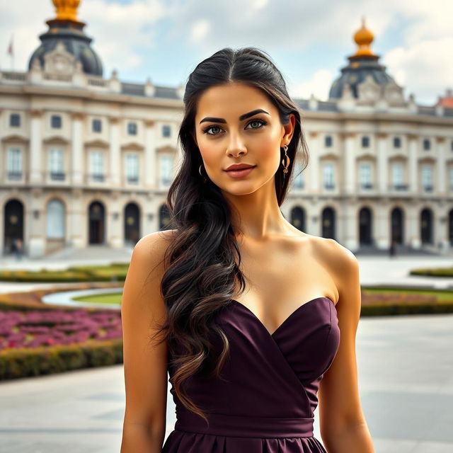 A full-body portrait of a 35-year-old woman wearing an elegant dress, standing gracefully near the Royal Palace in Madrid