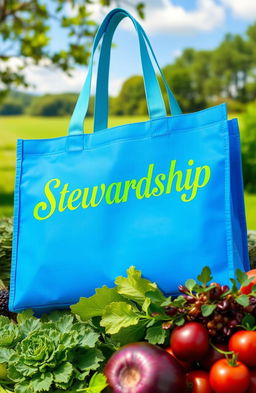 A vibrant blue eco-friendly bag designed with the word 'Stewardship' prominently displayed in elegant, green typography