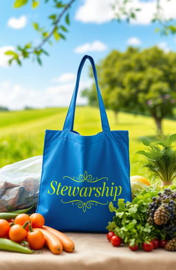 A vibrant blue eco-friendly bag designed with the word 'Stewardship' prominently displayed in elegant, green typography